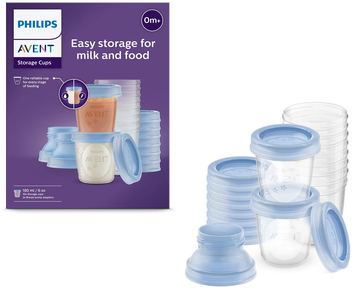 Bewaarbekers voor melk en voeding + borstkolf adapters
