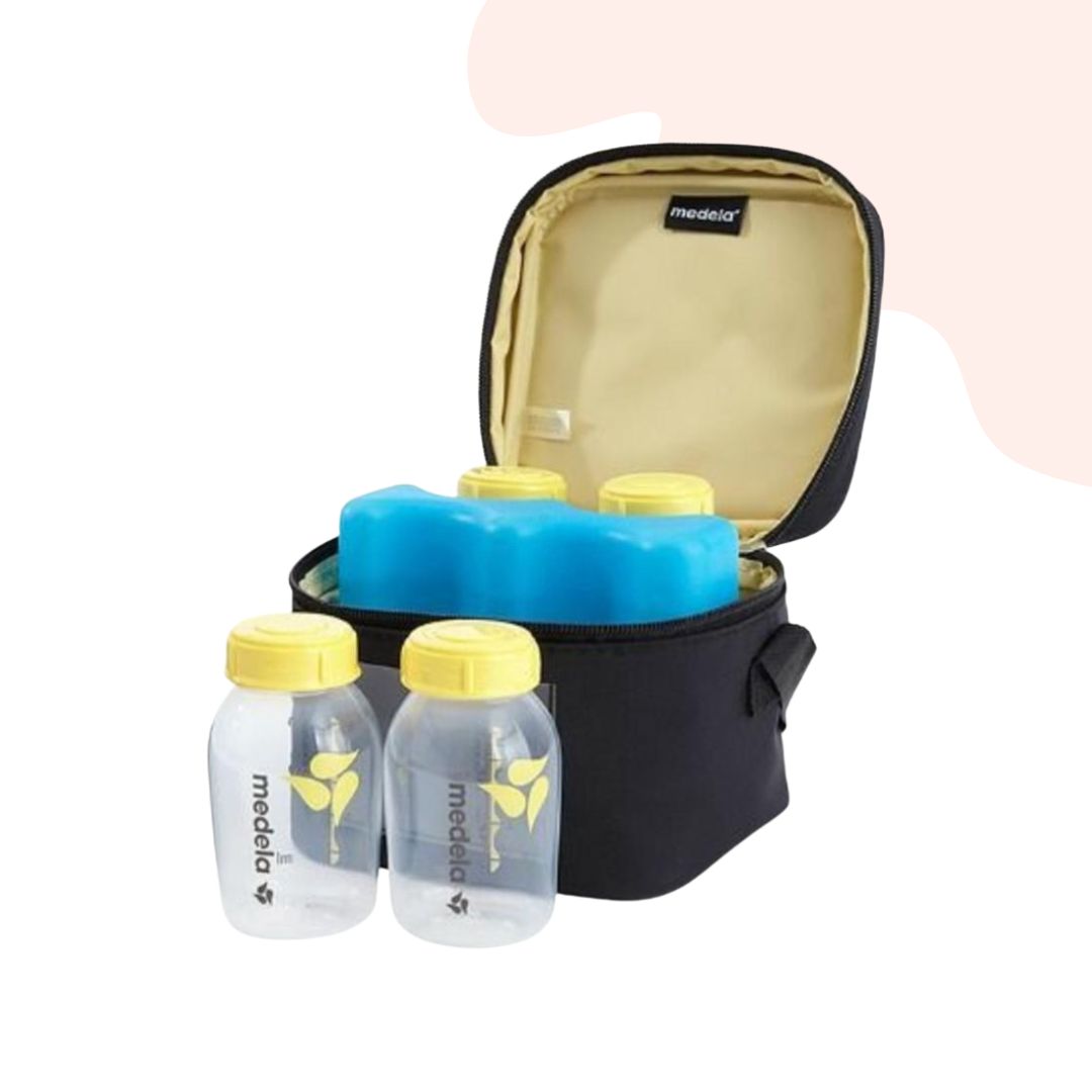 Cooler bag incl. pre-formed cooling element and 4 breast milk bottles